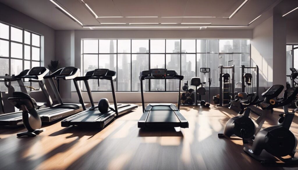 Een volledig uitgeruste sportschool met cardio- en krachttrainingstoestellen.