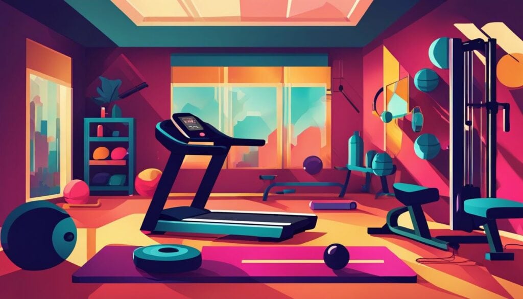 Een verscheidenheid aan kleurrijke oefenapparatuur in een huisgym.