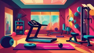 Een verscheidenheid aan kleurrijke oefenapparatuur in een huisgym.