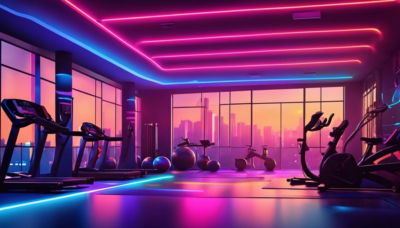 Een goed uitgeruste sportschool met levendige kleuren en geordende apparatuur.