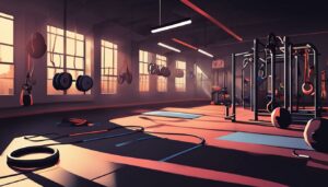 Een slecht verlichte sportschool met verschillende circuittrainingsapparatuur in georganiseerde, chaotische, of minimalistische opstellingen.