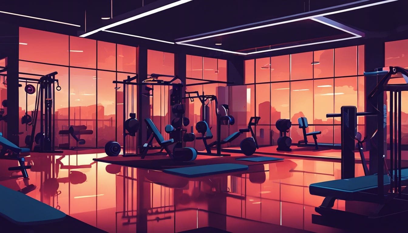 Een volledig uitgeruste sportschool met circuittrainingstoestellen en spiegels.