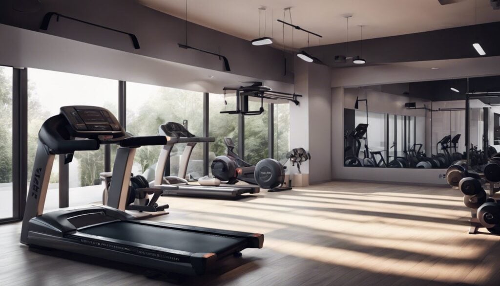 Een opgeruimde en uitnodigende sportschoolomgeving met circuittrainingsapparatuur.