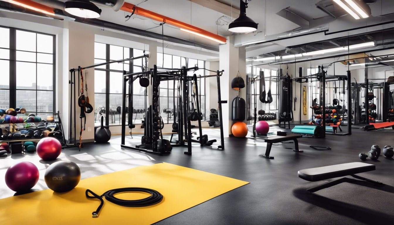 Een goed uitgeruste sportschool met diverse circuittrainingsstations en motiverende quote.