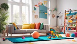 Een rommelige woonkamer met kleurrijke oefenmatten en kleine fitnessapparatuur.