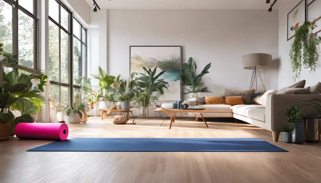 Een verzameling van weerstandsbanden en een yogamat op een lichte, ruime woonkamer vloer, creëert een uitnodigende en beginner-vriendelijke workout ruimte voor effectieve circuit trainingsoefeningen.
