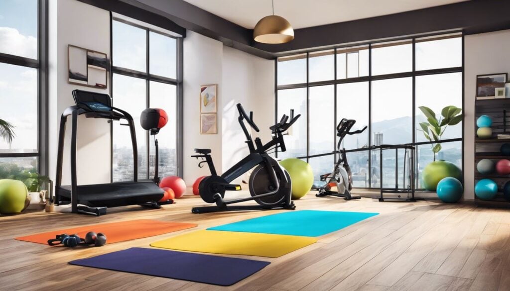 Een selectie van gevarieerde trainingsapparatuur in een ruime woonkamer.