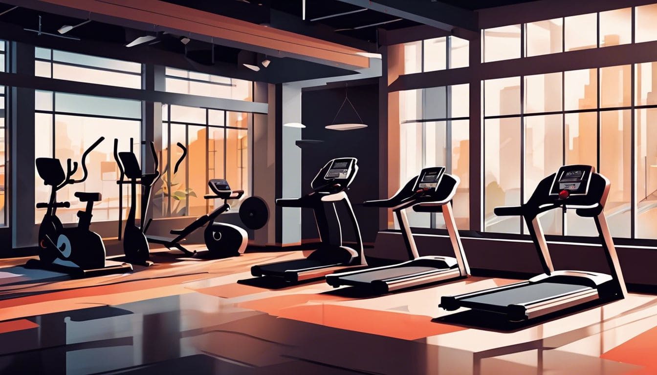 Een diverse sportschool met circuittraining en cardioapparatuur in een vlak design.