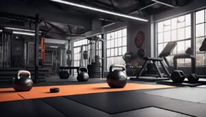 Een paar halters en een kettlebell op een sportschoolmat.