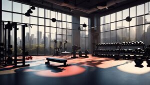 Een sportschool vol met diverse trainingsapparatuur in een circuittraining opstelling.