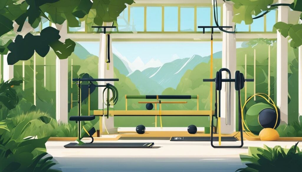 Een serene buitenomgeving met geïntegreerde workout stations en natuurlijke elementen.