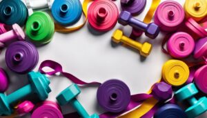 Een verzameling kleurrijke dumbbells en weerstandsbanden op de sportschoolvloer.