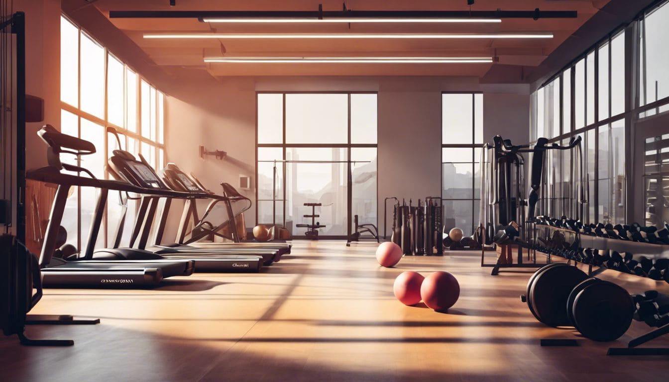 Een verscheidenheid aan trainingsapparatuur klaar voor circuit training in een ruime sportschoolstudio.