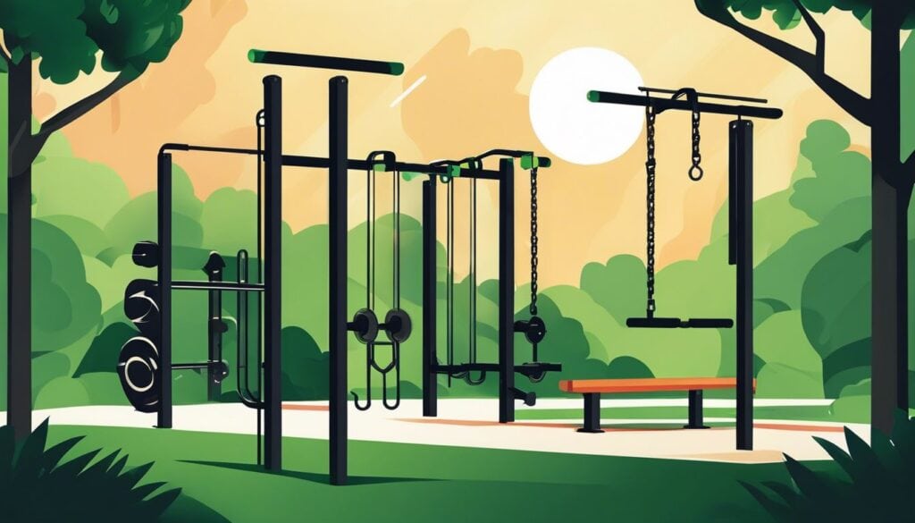 Een outdoor fitnesspark met diverse oefenstations om kracht en uithoudingsvermogen te trainen.