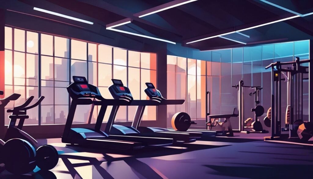 Een compacte en efficiënte sportschoolomgeving met diverse trainingsapparatuur.