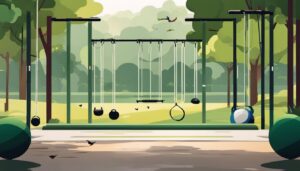 Een fitness circuit in een park, met outdoor fitnessapparatuur omringd door groen.