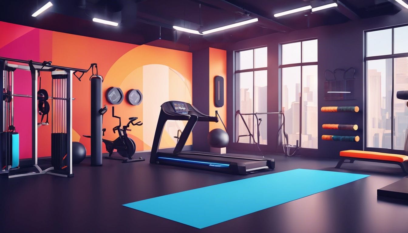 Een fitnessstudio met circuittraining- en HIIT-apparatuur in platte designstijl.