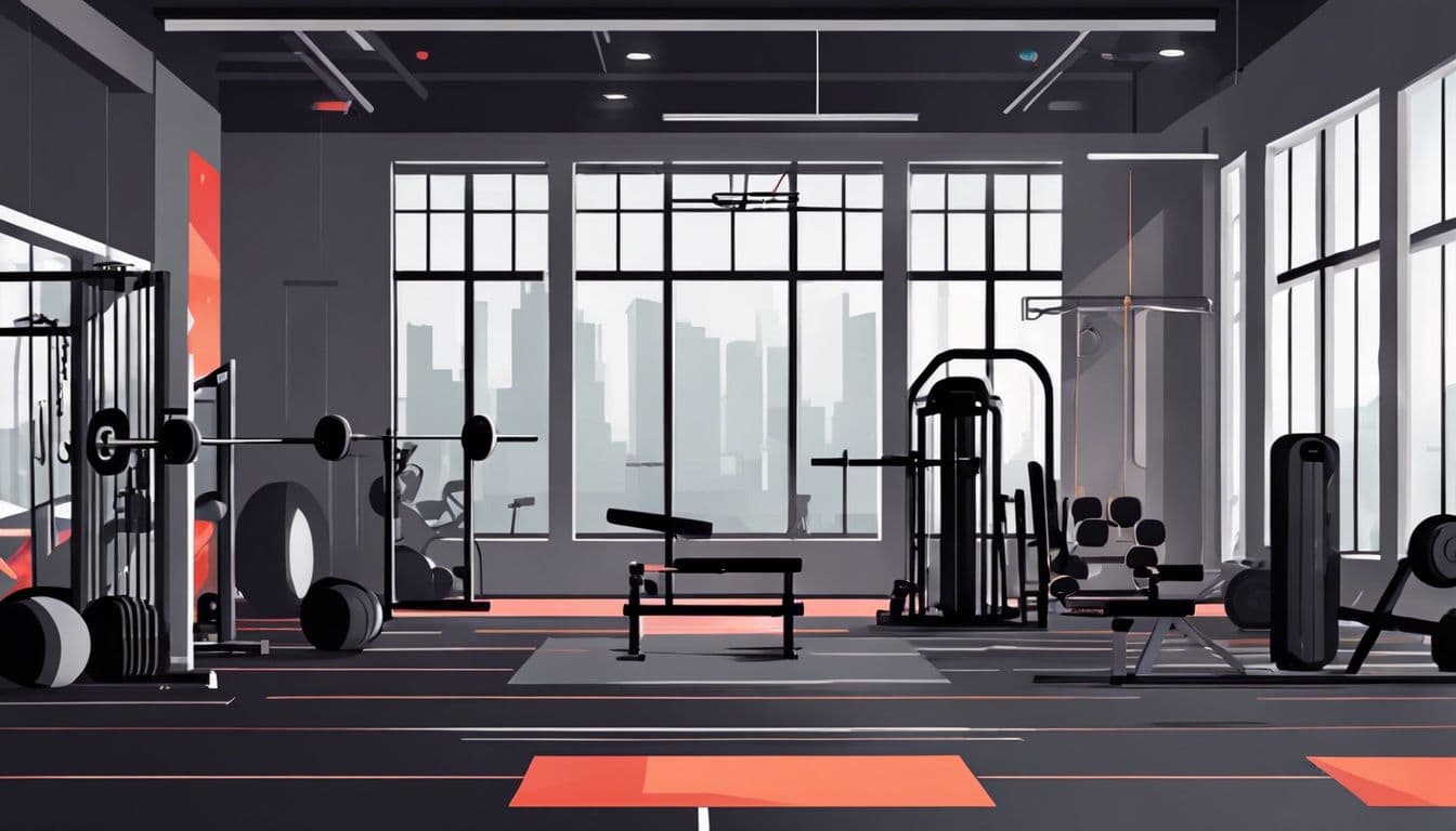 Een leeg huis sportschool met HIIT trainingstoestellen en intense sfeer.