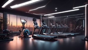 Een slecht verlichte, futuristische sportschool met moderne trainingsapparatuur.