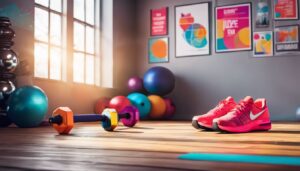 Een energieke sportschoolsetting met sportschoenen, springtouw en halters.