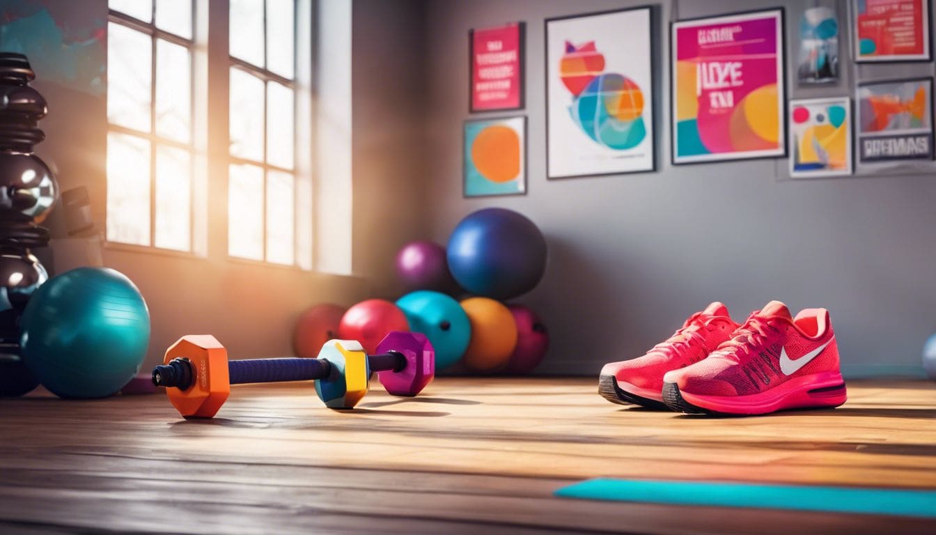 Een energieke sportschoolsetting met sportschoenen, springtouw en halters.