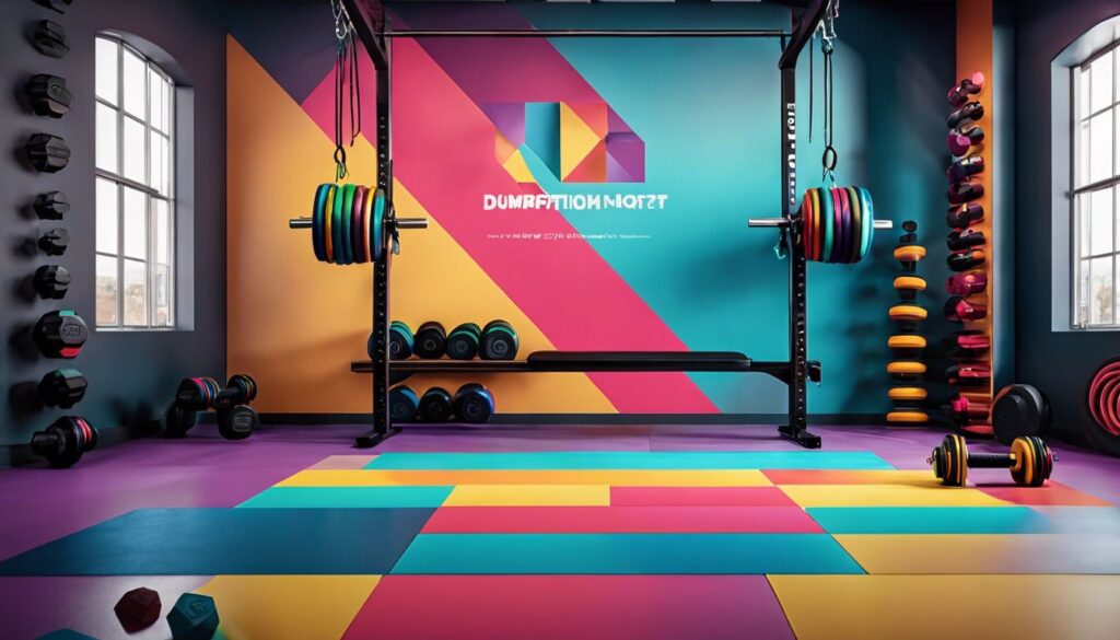 Een energieke sportschoolomgeving met dumbbells en een springtouw.