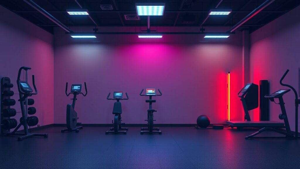 Een moderne fitnessruimte met functionele trainingsapparatuur en kleurrijke verlichting.