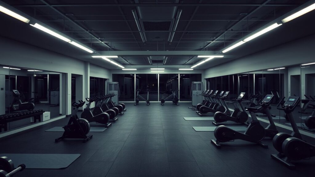 Een lege sportschool in Delft met verschillende soorten fitnessapparatuur.