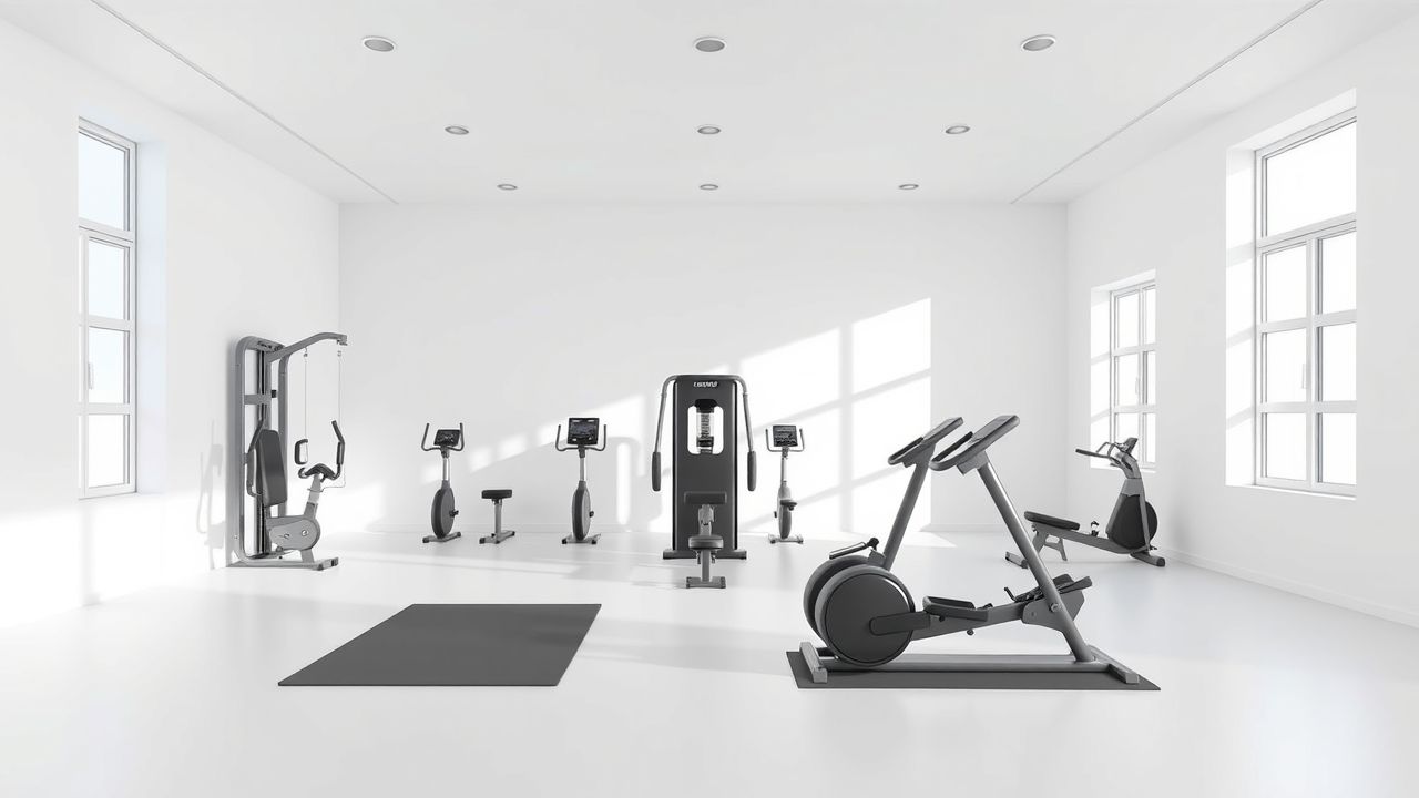Een minimalistische gym met modern circuit training apparatuur.
