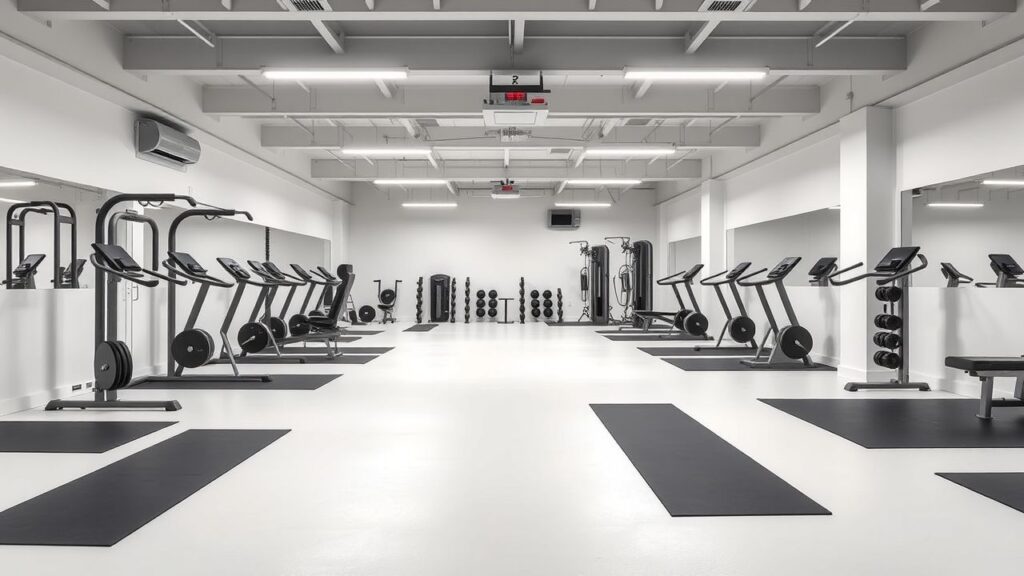 Een lege circuit training sportschool in Doetinchem met fitnessapparatuur en matten.