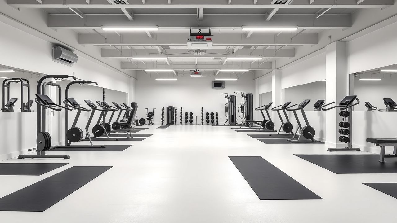 Een lege circuit training sportschool in Doetinchem met fitnessapparatuur en matten.