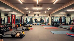 Een ruime sportschool in Hilversum met dynamische circuittrainingsapparatuur.