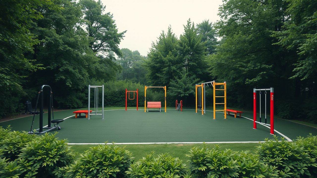 Een outdoor fitness circuit training gebied in Zwanenburg met diverse workout stations en groen omgeving.