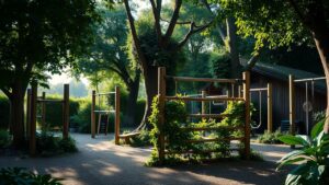 Een diverse outdoor circuit training opstelling in Maastricht tussen weelderig groen.