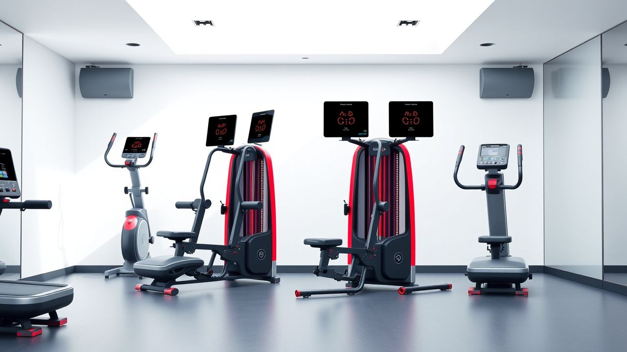 Een moderne sportschool met eGym-circuittrainingsapparatuur in een futuristisch design.