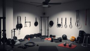 Een rommelige home gym in Utrecht met circuit training apparatuur.