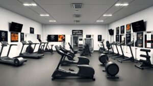 Een ingerichte fitnessstudio in Hoorn met cardio- en krachttrainingsapparatuur.