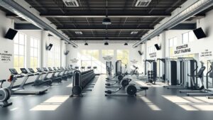 Een uitnodigende sportschool met gevarieerde apparatuur en motiverende citaten aan de muur.