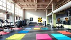 Een moderne fitnessruimte in Nijmegen met kleurrijke apparatuur en motivatieposters.