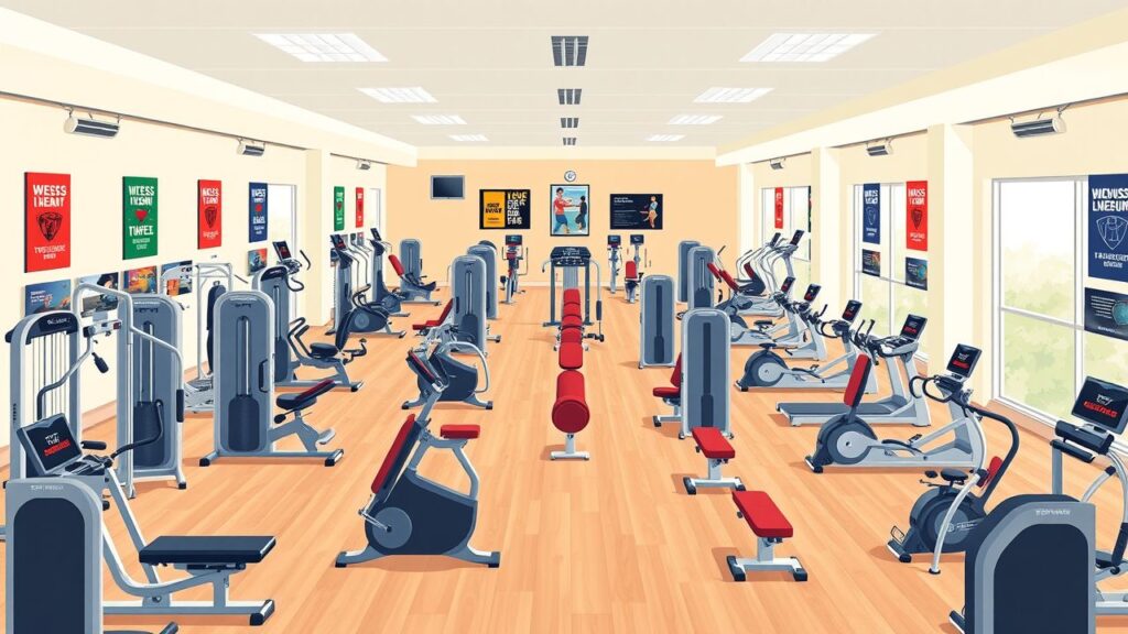 Een ruime en gastvrije sportschool met diverse fitnessapparatuur en een energieke sfeer.