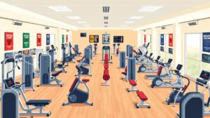 Een ruime en gastvrije sportschool met diverse fitnessapparatuur en een energieke sfeer.